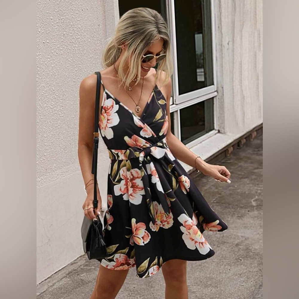 Floral Print Surplice Front Belted Cami Dress